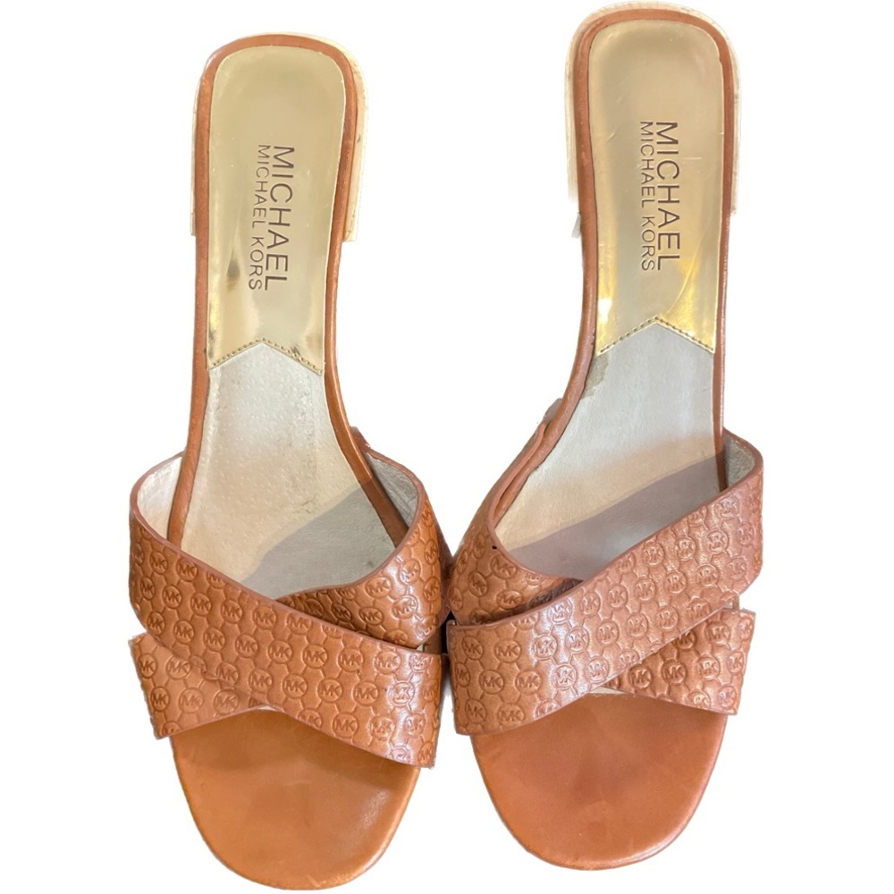 MICHAEL KORS Brown  Leather Slides Wood Heels Sandals Women's Shoes Sz 8.5M